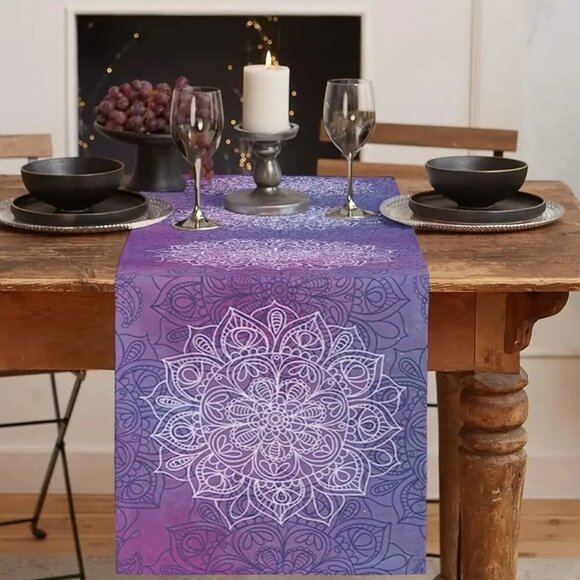 Mandala 100% Linen Purple Table Runner – Elegant Home Décor - Picture 3 of 8
